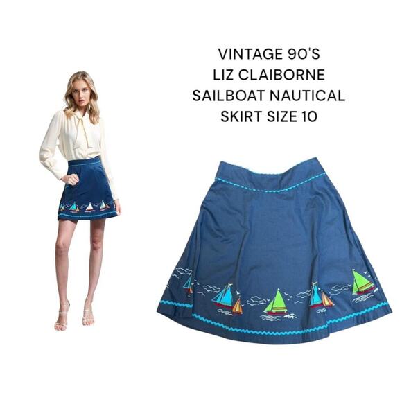 VINTAGE 90'S LIZ CLAIBORNE BLUE SAILBOAT NAUTICAL SKIRT SIZE 10 - Picture 1 of 7